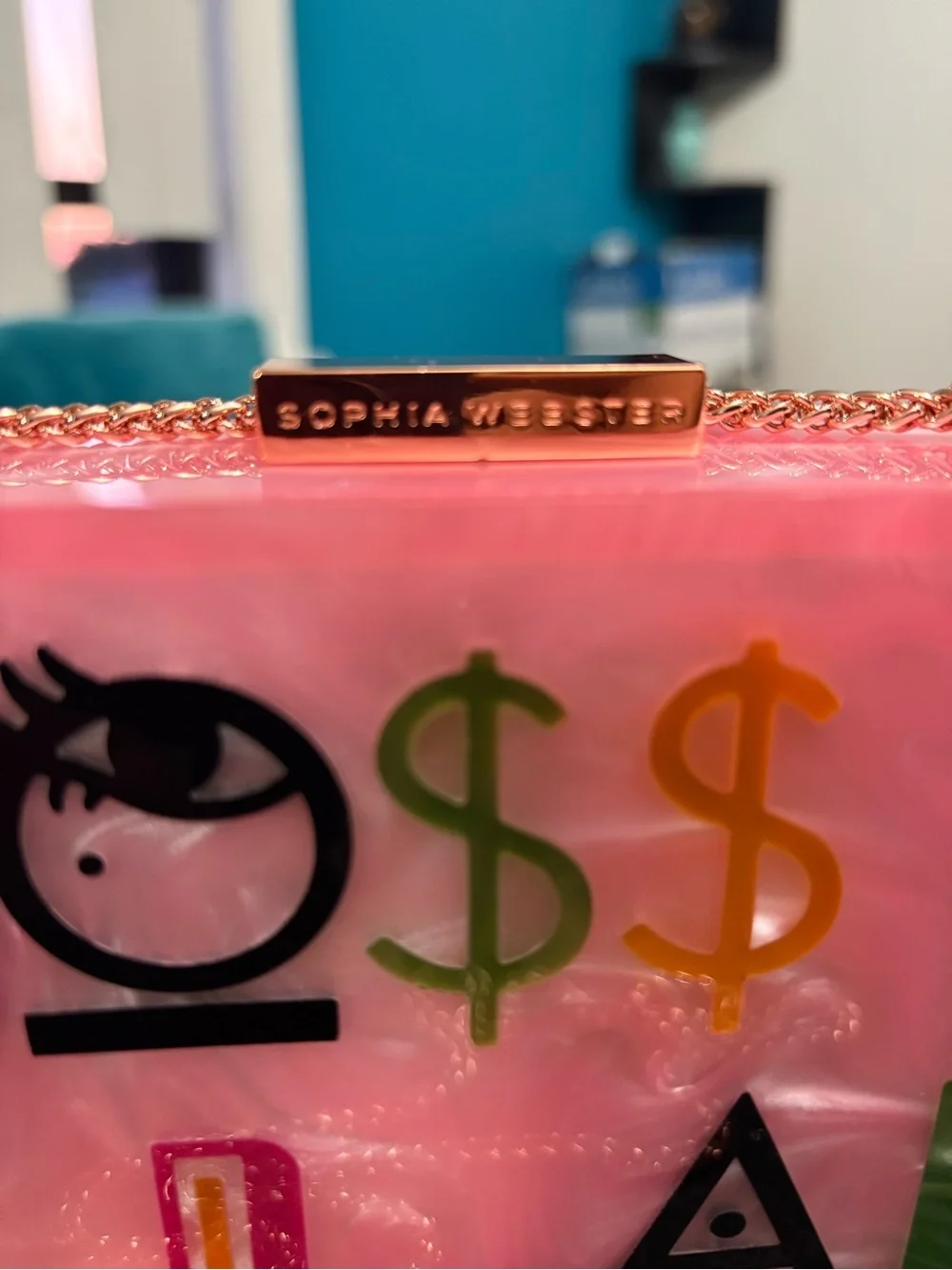 Sophia Webster Pink Acrylic 'Boss Lady' Clutch with Rose Gold Chain